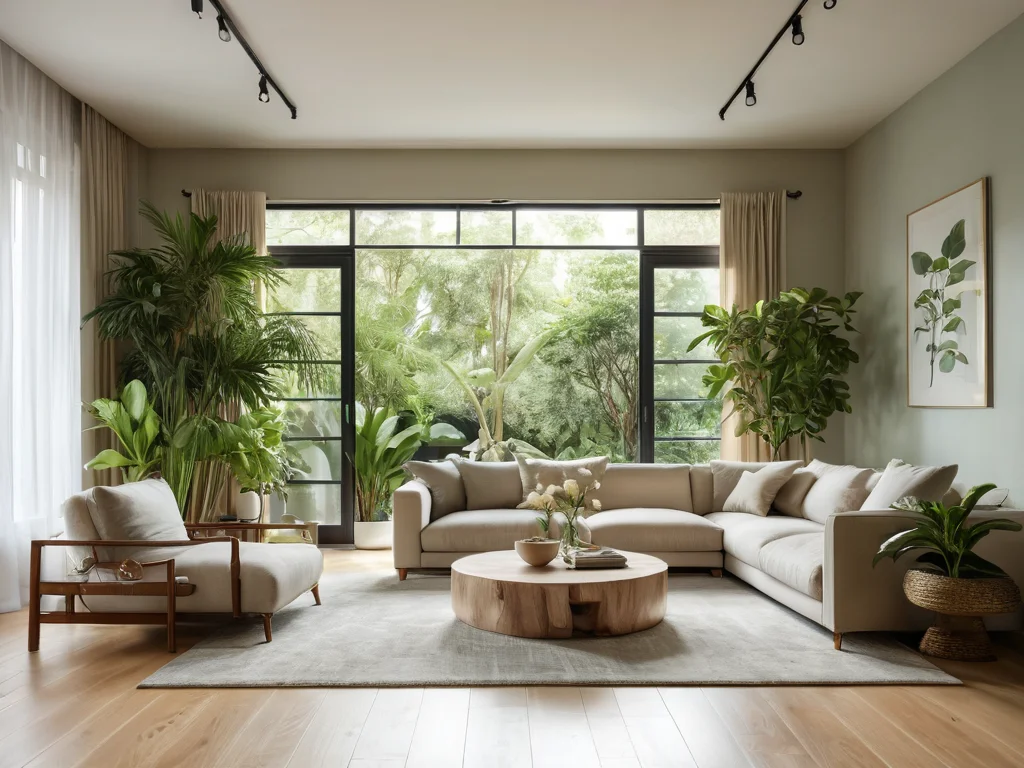 Гармоничный интерьер дома, наполненный живыми растениями, демонстрирующий, как флора влияет на энергию и благополучие пространства согласно принципам феншуй, подчеркивая взаимосвязь.