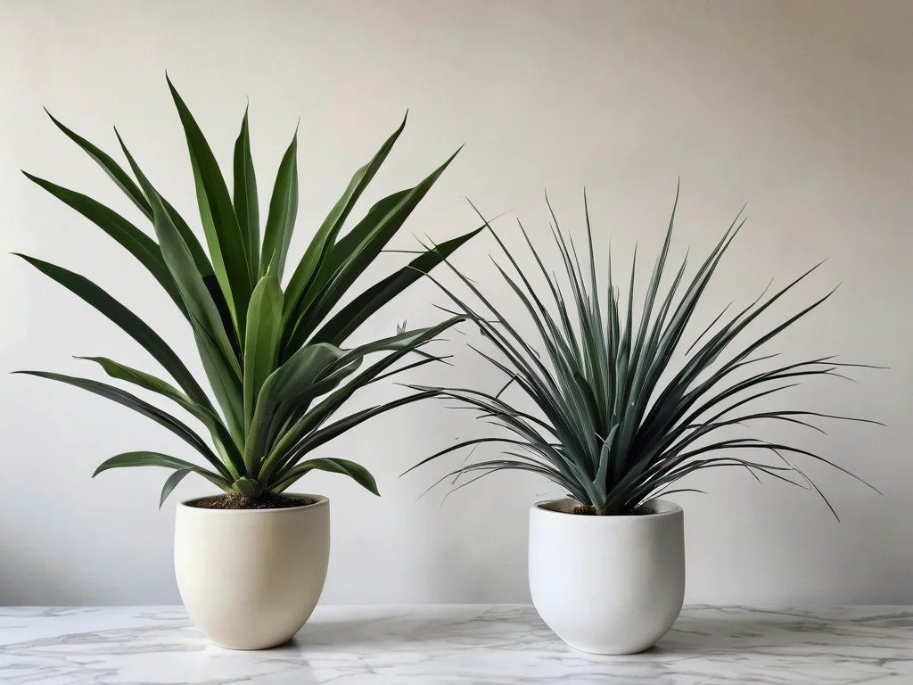 Контрастное изображение, показывающее одно из 'энергетических вампиров' растений рядом с его безопасной альтернативой, подчеркивая выбор правильной флоры по феншуй для гармонии дома.