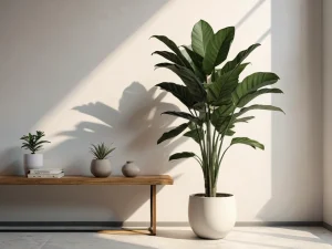 Изображение стильного интерьера с красивым, но загадочным растением на переднем плане, символизирующим, что не все зеленые растения полезны по феншуй и могут нести скрытую энергию.