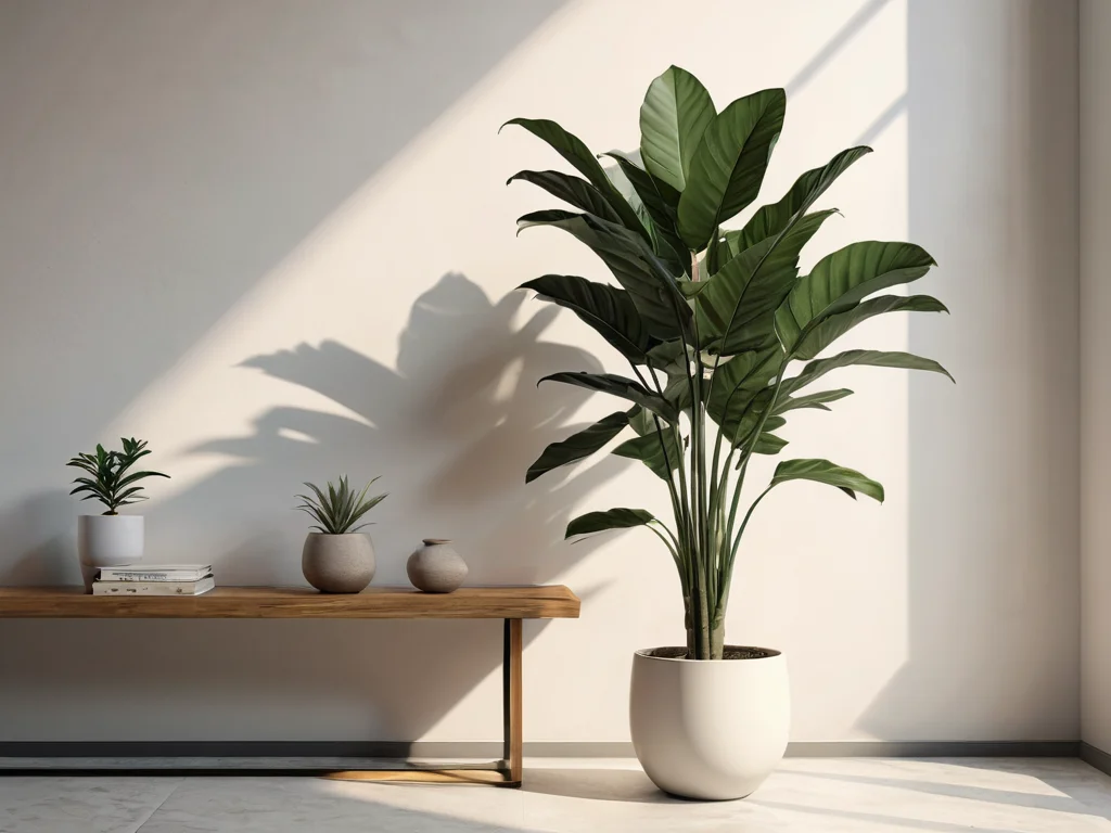 Изображение стильного интерьера с красивым, но загадочным растением на переднем плане, символизирующим, что не все зеленые растения полезны по феншуй и могут нести скрытую энергию.