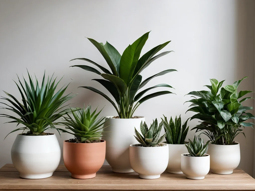 Коллекция из нескольких комнатных растений, которые часто попадают в список запрещенных по феншуй, представленных в стильном интерьере как предупреждение о нежелательной флоре в доме.