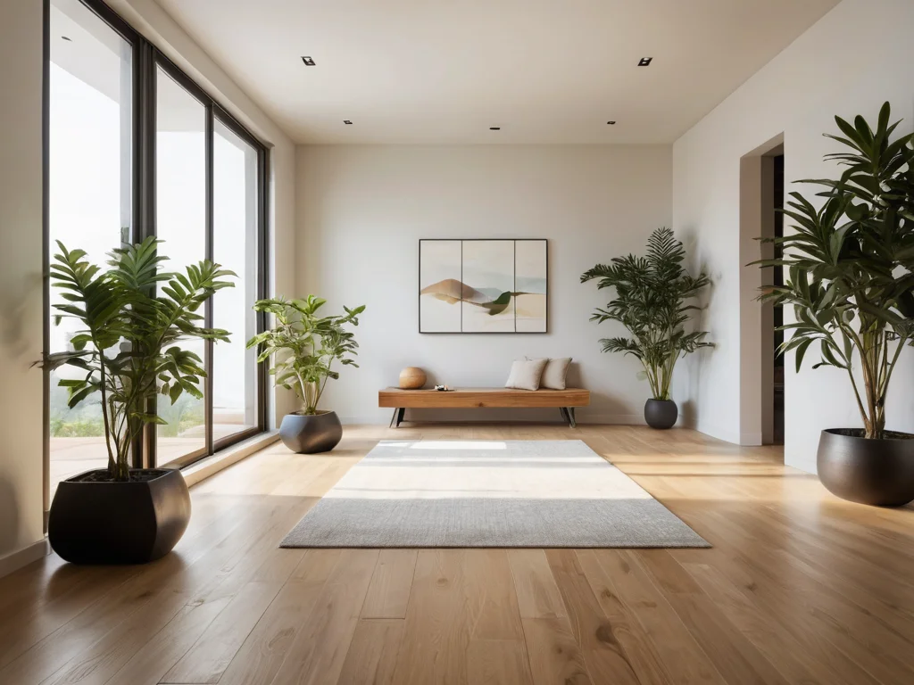 Интерьер, демонстрирующий общие ошибки в размещении комнатных растений (например, блокировка прохода) и способы их исправления для гармонизации пространства и улучшения потока энергии по феншуй.