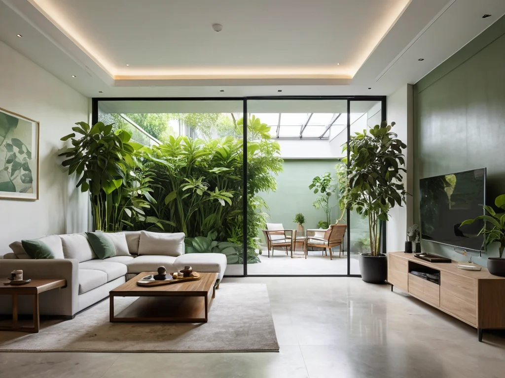Великолепный интерьер дома, превращенный в зеленый оазис процветания и здоровья благодаря тщательно подобранным и расставленным по феншуй растениям, создающим идеальную гармонию.
