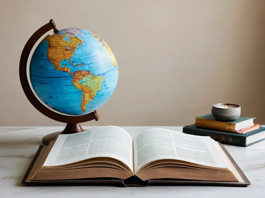 Звезда 1 (Белая): мудрость и новые знания, символизируемые открытой книгой и глобусом на чистом столе, в стиле фотореализм.