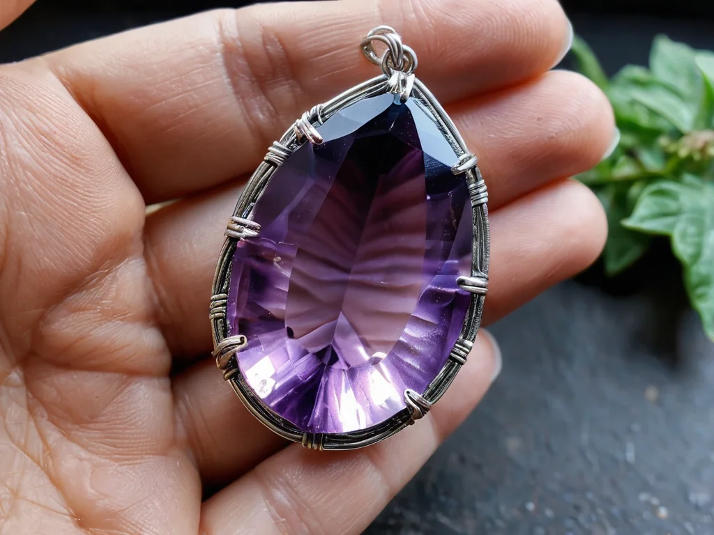 Аметистовый амулет или небольшой кристалл, символизирующий защиту и ясность ума, лежащий на ладони, как поддержка в борьбе с вредными привычками, создающий ощущение силы и покоя.