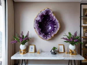 Крупный аметистовый жеода, расположенный в современном интерьере дома по принципам феншуй, символизирующий мудрость и спокойствие, с мягким естественным освещением.