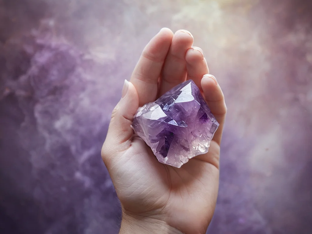 Древняя рука, бережно держащая необработанный кристалл аметиста, излучающий мягкое фиолетовое свечение, подчеркивающее его тысячелетнюю ценность и энергию в традициях феншуй.