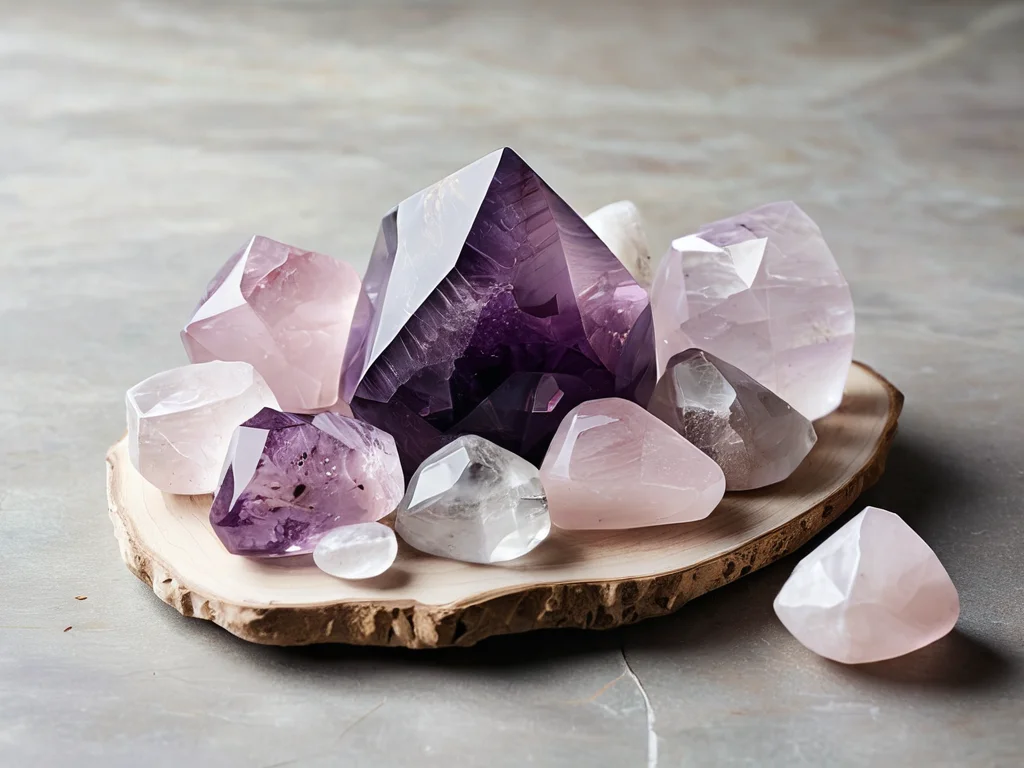 Композиция из аметиста, розового кварца и горного хрусталя, демонстрирующая гармоничное сочетание камней в феншуй, рядом с инструментами для бережного ухода за кристаллами, способствующими долголетию их энергии.