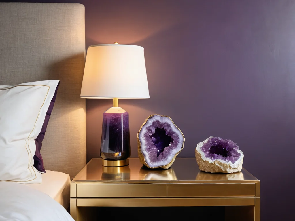 Аметистовый жеода, стратегически расположенный на прикроватной тумбочке в спальне, создающий атмосферу спокойствия и мудрости, согласно принципам феншуй для максимального эффекта гармонизации.