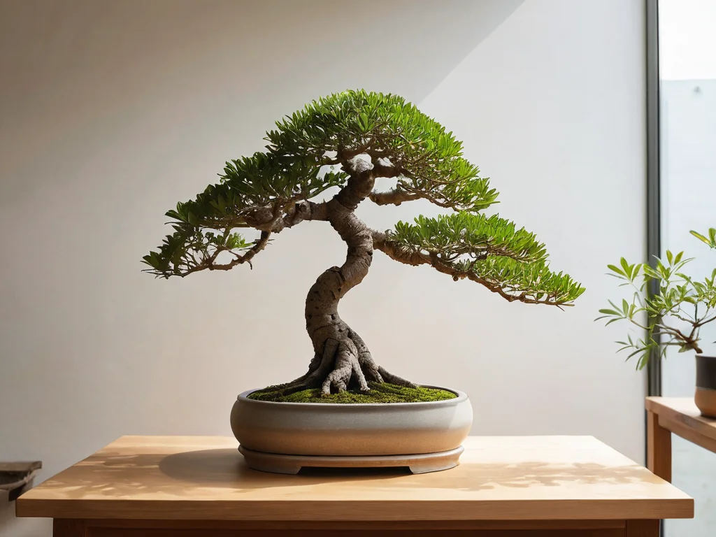 Изображение элегантного бонсая, стоящего в центре современного, гармоничного интерьера, залитого мягким естественным светом, символизирующее интеграцию древнего искусства миниатюрных деревьев и принципов феншуй для создания умиротворяющей атмосферы в доме.