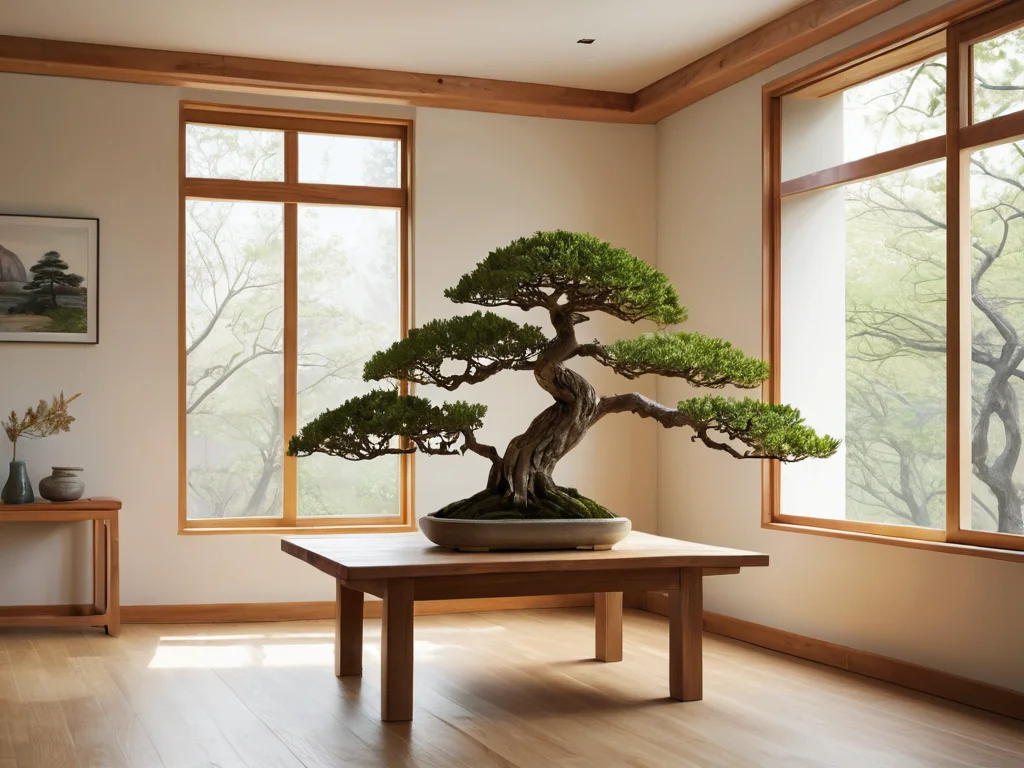 Спокойная и гармоничная жилая зона, где бонсай элегантно интегрирован в повседневную жизнь, например, на рабочем столе или рядом с местом для медитации, символизируя постоянное благополучие и мудрость природы, привнесенную через феншуй.