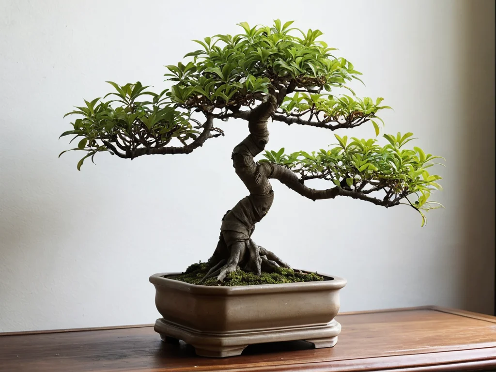 Изображение бонсая с увядшими листьями, стоящего в загроможденной и плохо освещенной зоне интерьера, визуализирующее типичные ошибки при использовании бонсая в феншуй, которые могут навредить его энергии и благополучию.