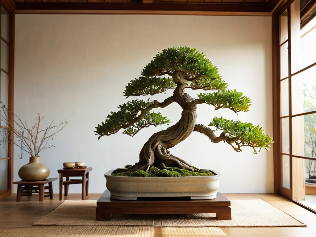 Бонсай, аккуратно расположенный в определенной зоне жилой комнаты, с легким намеком на принципы карты Багуа феншуй, демонстрирующий оптимальное местоположение для достижения максимального энергетического эффекта и привлечения удачи.