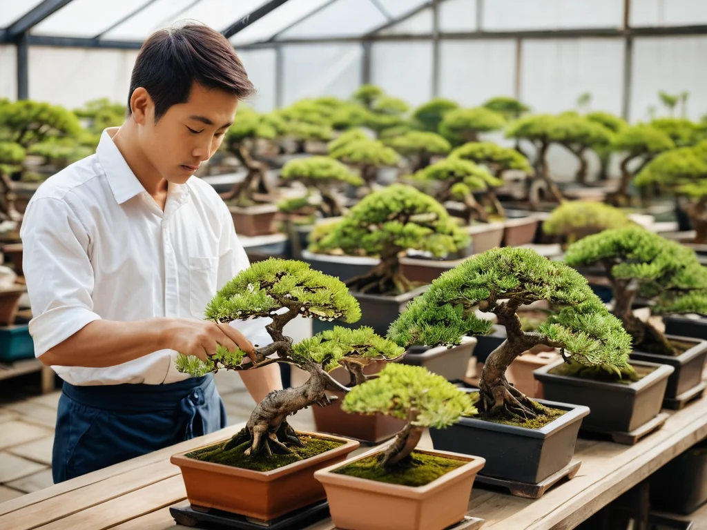 Человек, внимательно осматривающий и выбирающий идеальный бонсай среди множества различных форм и видов в специализированном питомнике, что иллюстрирует процесс подбора