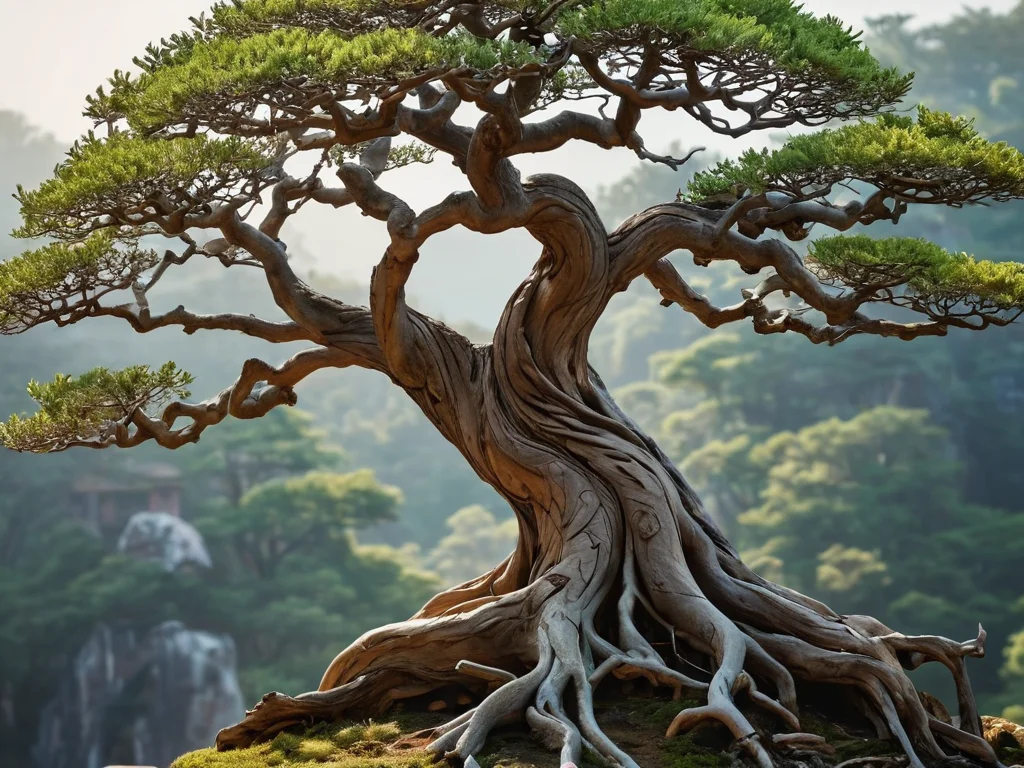 Крупный план старинного бонсая с извилистым стволом и сложными ветвями, подчеркивающий его глубокий символизм как живого талисмана в искусстве феншуй, способного влиять на судьбу и приносить удачу.