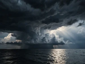 Фотореалистичное изображение темных грозовых облаков, сквозь которые пробивается луч света, символизирующий надежду и проходящую бурю над спокойным морем, создающее драматическую атмосферу.