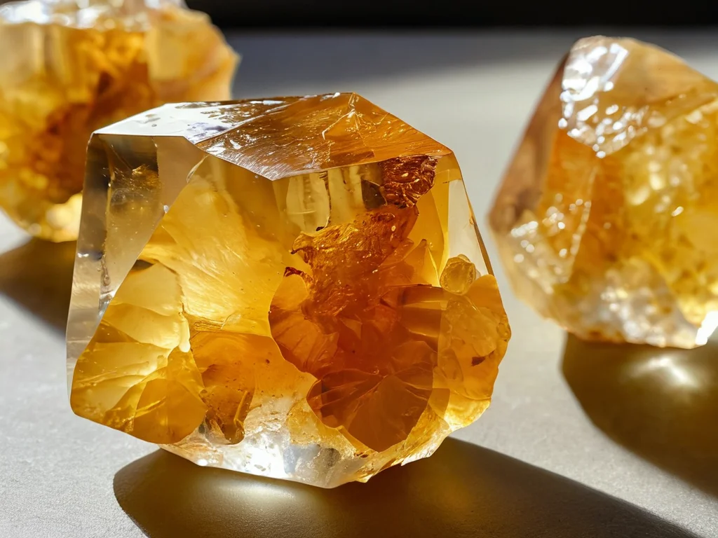 Макро-снимок необработанного кристалла цитрина с его характерными медово-золотистыми оттенками, демонстрирующий природную красоту и мощную энергию