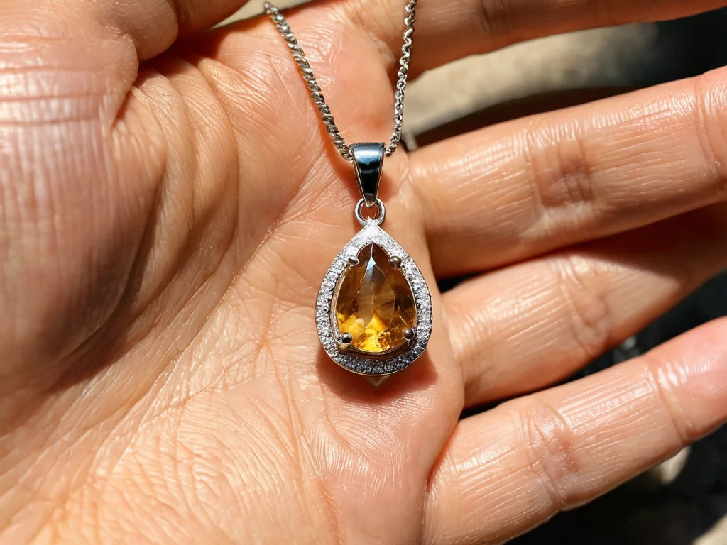 Изображение, где человек медитирует, а рядом или на нем находится украшение с цитрином (например, кулон), подчеркивающее использование камня в повседневной жизни для медитации, ношения и привлечения процветания.