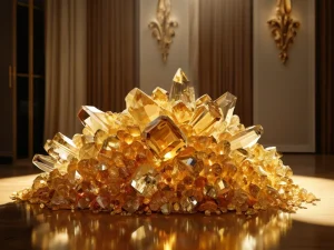 Крупный кластер натурального цитрина, излучающий теплое золотистое сияние, размещенный в изысканном интерьере, символизирующий привлечение финансового изобилия и достатка в дом по феншуй.