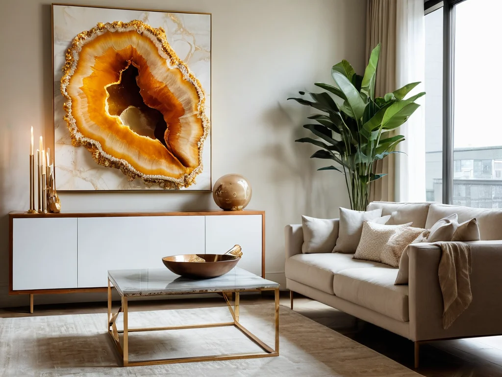 Элегантная друза цитрина, гармонично расположенная в юго-восточном углу стильной гостиной, демонстрирующая правильное феншуй-размещение камня для активации зоны богатства и привлечения финансовой удачи.