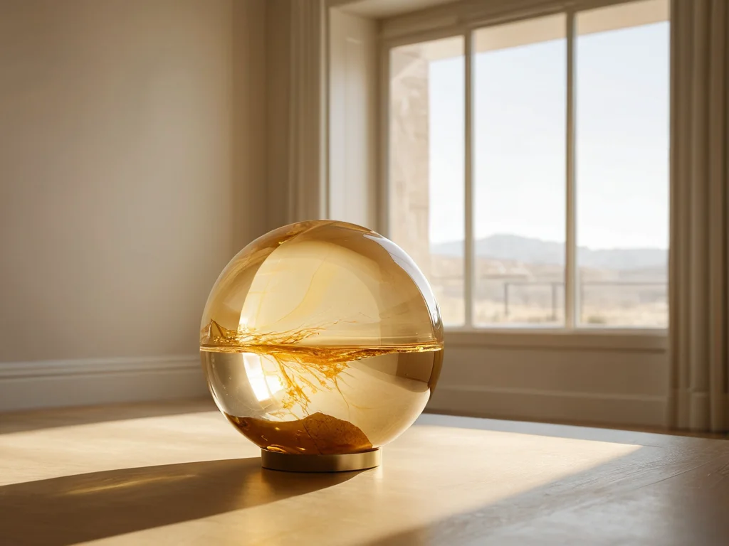 Шар из полированного цитрина на минималистичной поверхности, окруженный тонкими, едва заметными золотистыми линиями энергии, визуализирующими активацию денежной энергии и гармонизацию пространства согласно принципам феншуй.