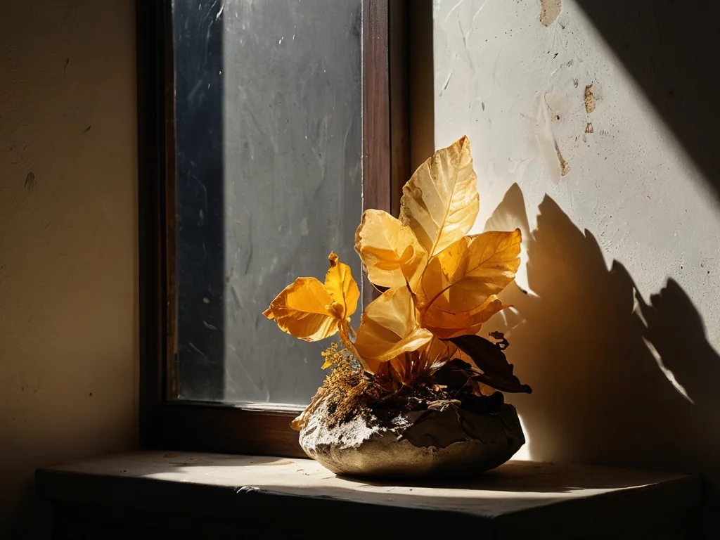 Запыленный и забытый кристалл цитрина, лежащий в загроможденном и темном углу, символизирующий распространенные ошибки в обращении с камнем, которые могут лишить его денежной силы и блокировать энергетический потенциал.