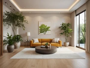 Изысканный интерьер современной гостиной, наполненный пышными цветущими растениями, создающими атмосферу гармонии и живой энергии согласно принципам Феншуй. Солнечный свет мягко проникает через окно, освещая зелень и цветы, которые преображают пространство, активируя благоприятные зоны Багуа.