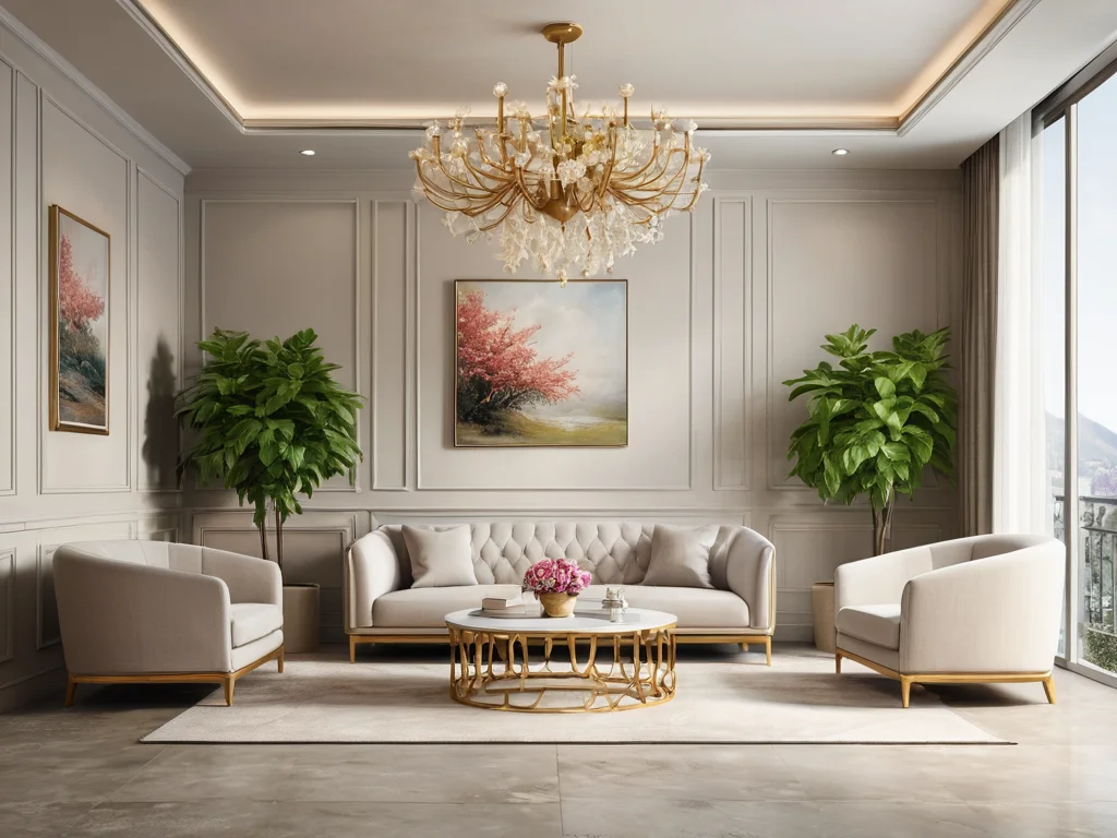 Коллаж из четырех отдельных изображений, демонстрирующих различные уголки роскошного интерьера, каждый из которых активирован определенными цветущими растениями согласно карте Багуа: уголок для Семьи с пышной зеленью, зона Богатства с денежным деревом, сектор Славы с яркими цветами, и область Брака с парными растениями.