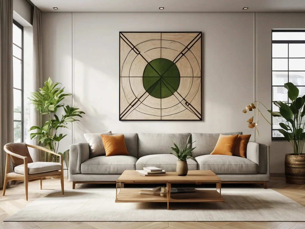 Визуализация карты Багуа, наложенная на стилизованный план квартиры или дома, с четким разделением на восемь жизненных секторов. В каждом секторе расположены символические цветущие растения и элементы декора, соответствующие его стихии и значению, демонстрируя краткий гид по активации зон Феншуй.