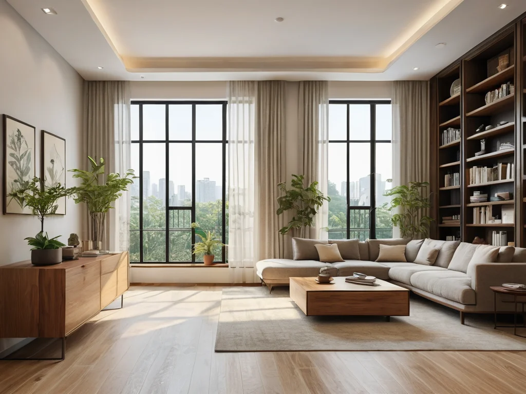 Серия из пяти интерьерных сцен, показывающих идеальные цветущие растения для активации секторов Багуа: яркие цветы в детской комнате (Дети), поддерживающие растения у входа (Помощники), зеленые растения в домашнем офисе (Карьера/Знания), а также композиция в центре дома, способствующая успеху и мудрости.