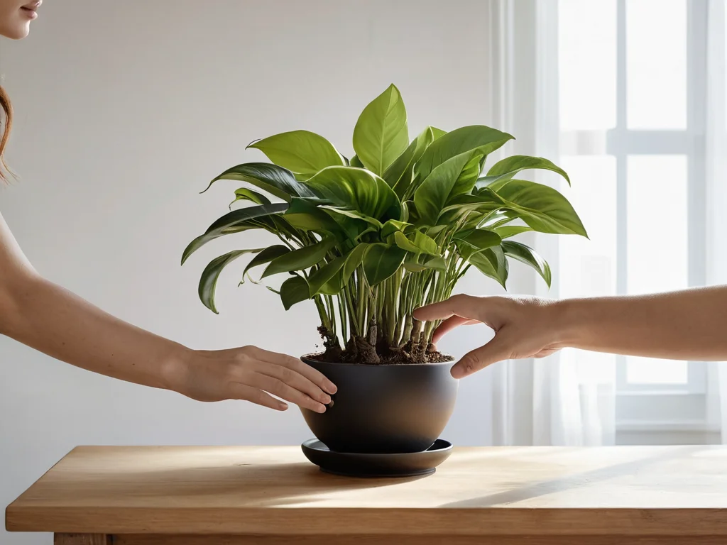 Крупный план рук, бережно размещающих горшечное цветущее растение на стильной полке или столике в современном интерьере. Изображение акцентирует внимание на продуманном выборе и правильном расположении растений в доме по золотым правилам Феншуй, обеспечивая максимальную гармонию и приток положительной энергии.