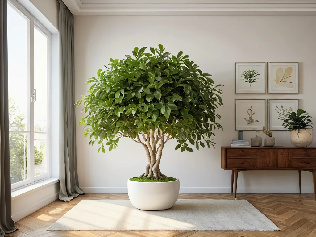 Яркий и здоровый фикус в залитой солнцем гостиной, символизирующий процветание и благополучие, притягивающий позитивную энергию в каждый дом согласно феншуй.