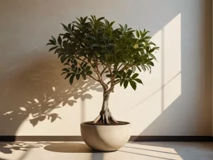 Загадочный фикус в интерьере дома, окруженный мягким светом и тонкими древними символами, поднимающий вопрос о его роли как друга или врага по феншуй.