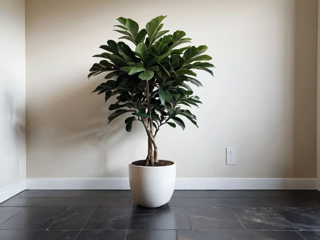 Фикус, размещенный с ошибками: растение стоит в темном углу или у входной двери, демонстрируя признаки неправильного ухода и пренебрежения, что может превратить его в источник проблем по феншуй.