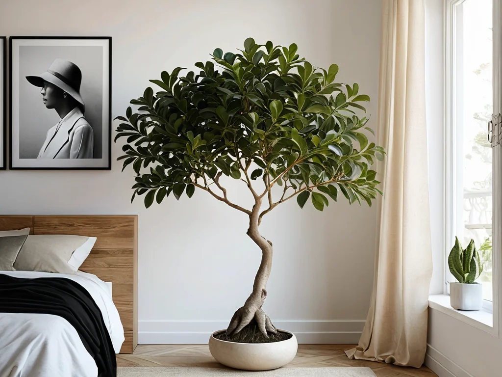 Идеально расположенный фикус в разных зонах дома: в углу спальни для любви, на рабочем столе для привлечения денег и в светлой гостиной для здоровья, согласно принципам феншуй.