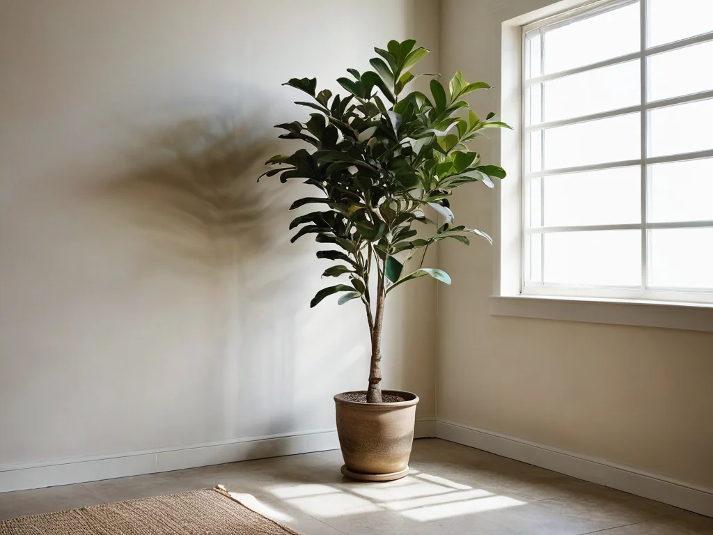 Фикус, стоящий в затемненном, слегка загроможденном углу, намекающий на скрытые риски и негативные аспекты, которые красивое растение может принести в дом, согласно мифам феншуй.