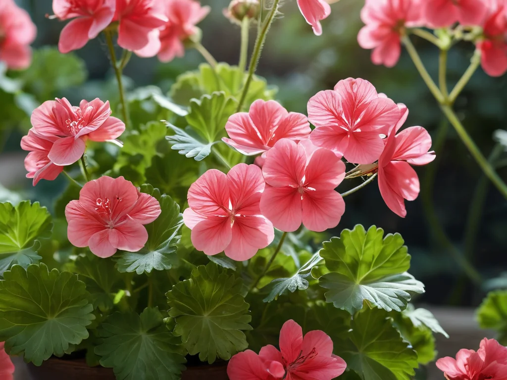 Крупный план цветущей герани, окруженной мягким, почти невидимым сиянием света, символизирующим очищение пространства. Вокруг цветка легкие вихри энергии, отражающие его способность отталкивать негатив и улучшать энергетику дома.