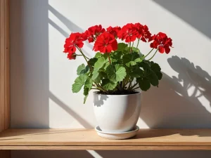 Пышная герань в красивом терракотовом горшке, стоящая на деревянной полке в уютном интерьере. Солнечный свет заливает комнату, подчеркивая яркие красные цветы. Фокус на герани как мощном обереге и защитном растении по феншуй для дома.