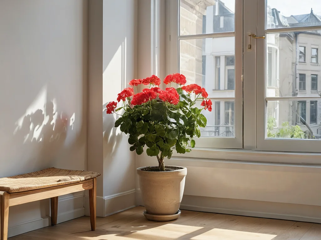 Герань в изящном горшке, расположенная на прикроватной тумбочке в спальне или на солнечном подоконнике в гостиной, символизирующая идеальное размещение по феншуй. Акцент на гармонии и максимальной защите, которую обеспечивает растение.