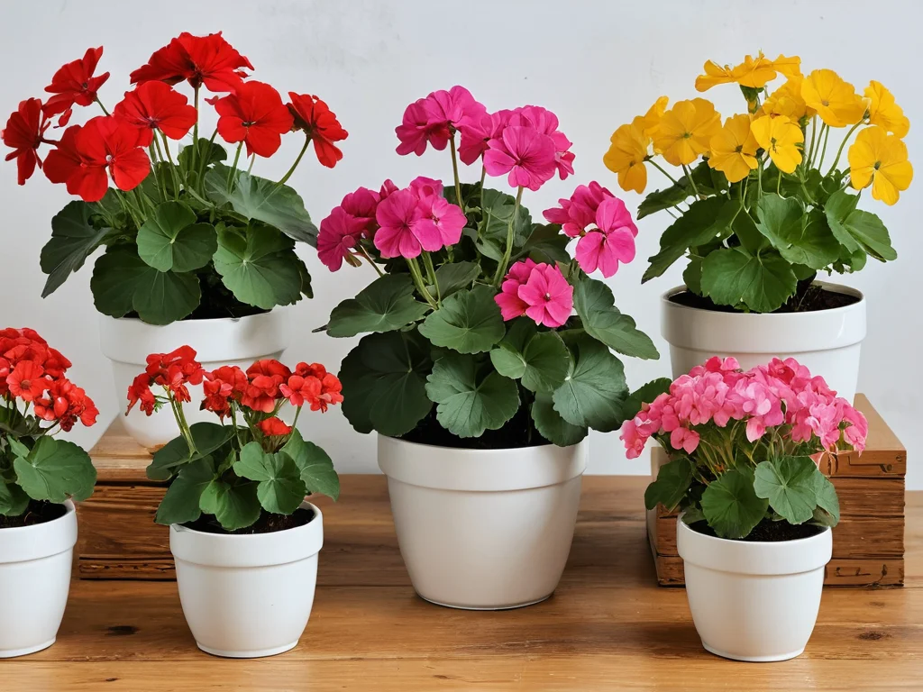 Композиция из нескольких горшков с различными разновидностями герани – с красными, розовыми и белыми цветами, а также с разными формами листьев. Изображение демонстрирует разнообразие герани, помогающее выбрать персональный оберег для дома.