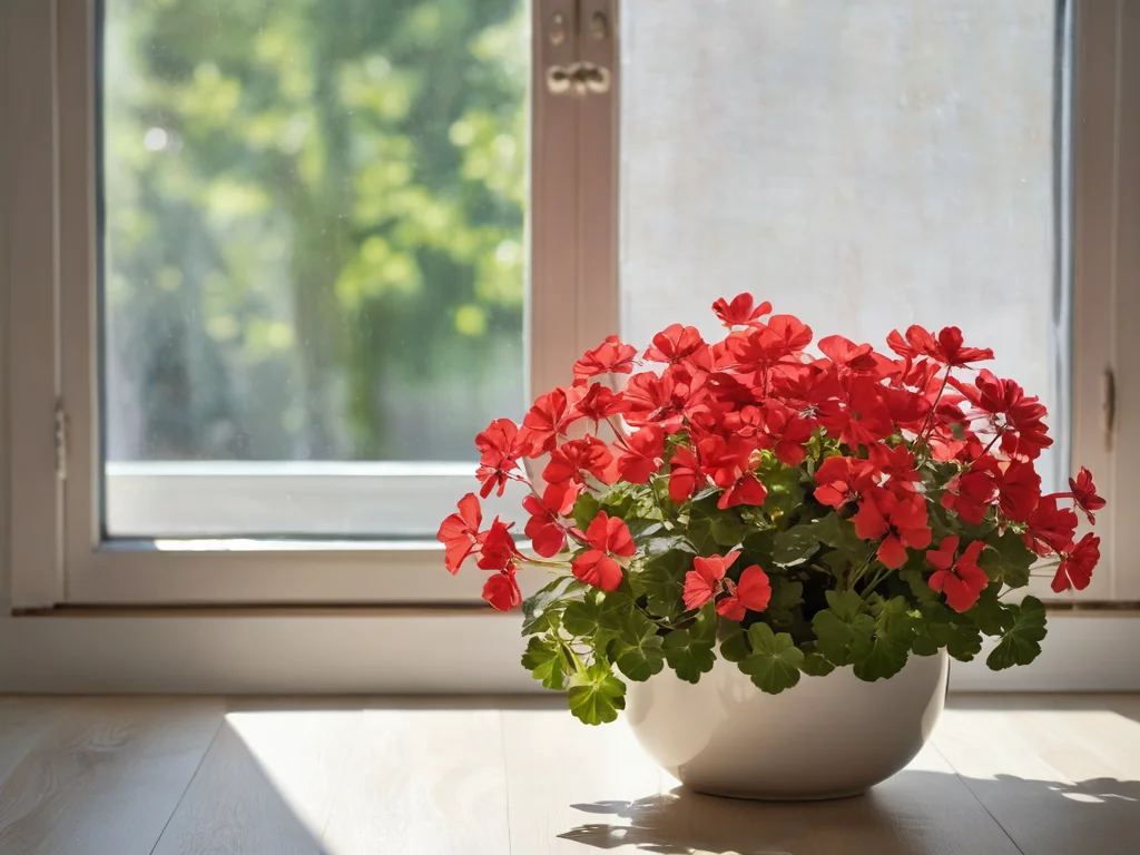 Стильная герань на фоне размытого, но теплого домашнего интерьера, с легким визуальным эффектом невидимого защитного поля вокруг нее. Это символизирует, как герань по феншуй уберегает дом от нежелательных энергий и сохраняет покой.