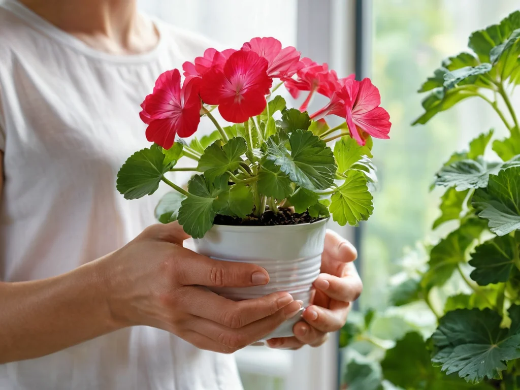 Женские руки аккуратно поливают пышную герань, символизируя заботливый уход и активацию ее магических свойств. Здоровый, обильно цветущий цветок в солнечном свете, подчеркивающий важность правильного отношения для усиления защитных качеств герани.