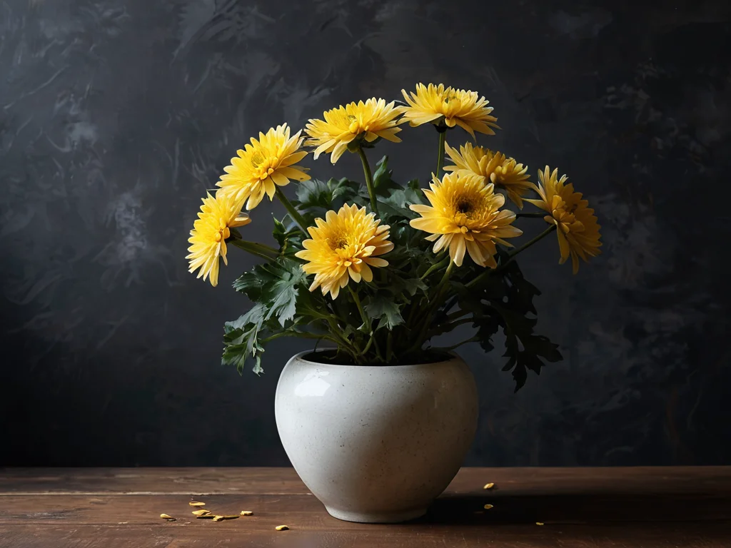 Завядшая хризантема в тусклом уголке комнаты с сухими листьями, символизирующая типичные феншуй-промахи в уходе за растениями, которые могут отпугнуть благополучие и создать застой энергии.