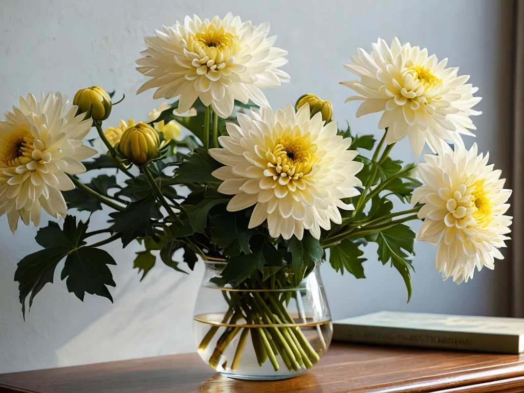 Изображение пышной желтой хризантемы в стильной вазе, стоящей на деревянном столе в залитой солнцем гостиной, символизирующее счастье и процветание согласно феншуй.