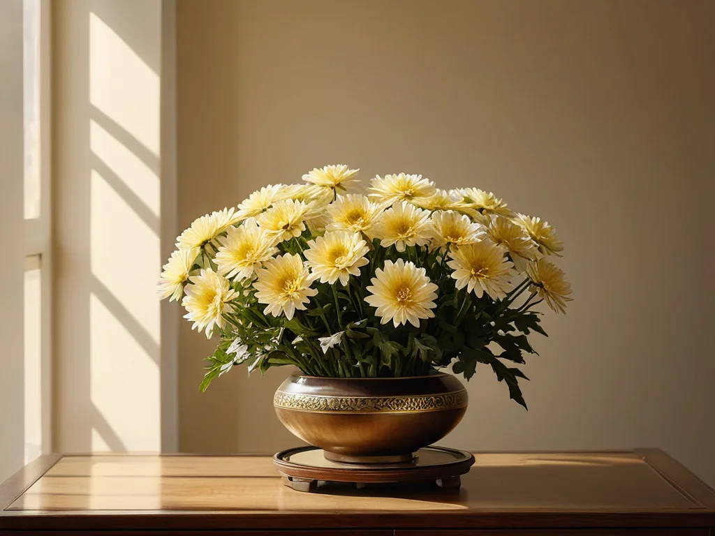 Изображение цветущей хризантемы, стратегически расположенной в определенной зоне Багуа (например, в зоне богатства или любви) современного дома, активирующей ее для привлечения удачи и гармонии в жизнь.