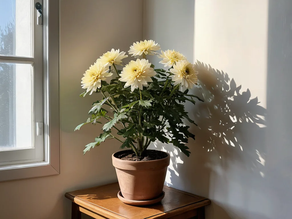 Зеленый уголок в современном интерьере, где горшок с цветущей хризантемой идеально расположен у окна, демонстрируя основы феншуй для оптимального размещения растений и циркуляции энергии Ци.