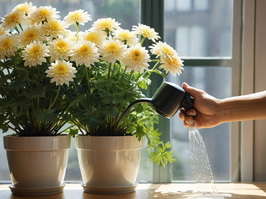 Рука бережно поливает пышную хризантему в горшке, демонстрируя правильный уход за растением для поддержания его живой энергии Ци и предотвращения застоя в доме.