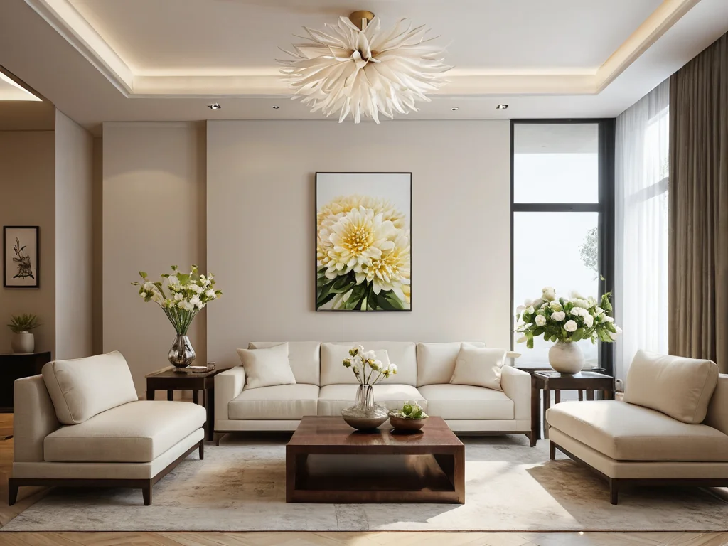 Идеально сбалансированный и гармоничный интерьер современного дома, где несколько цветущих хризантем интегрированы в дизайн, создавая оазис счастья и изобилия, согласно принципам феншуй.