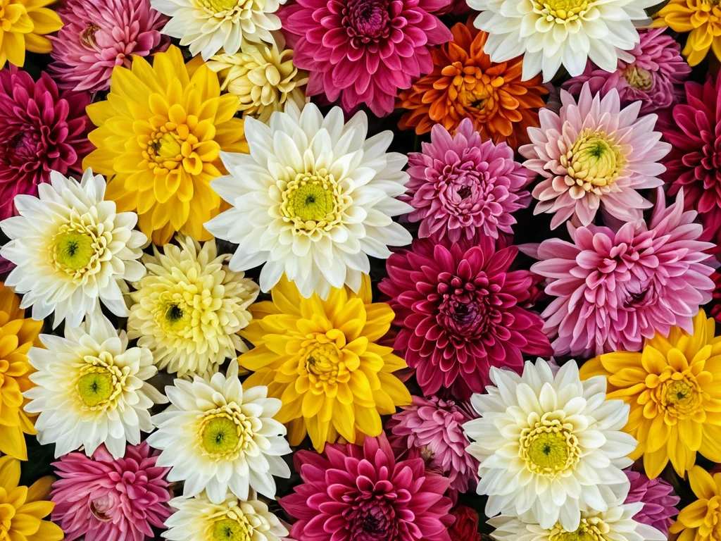 Композиция из разнообразных хризантем различных сортов, цветов и форм, расположенных для иллюстрации выбора цветка под конкретные феншуй-цели в интерьере дома.