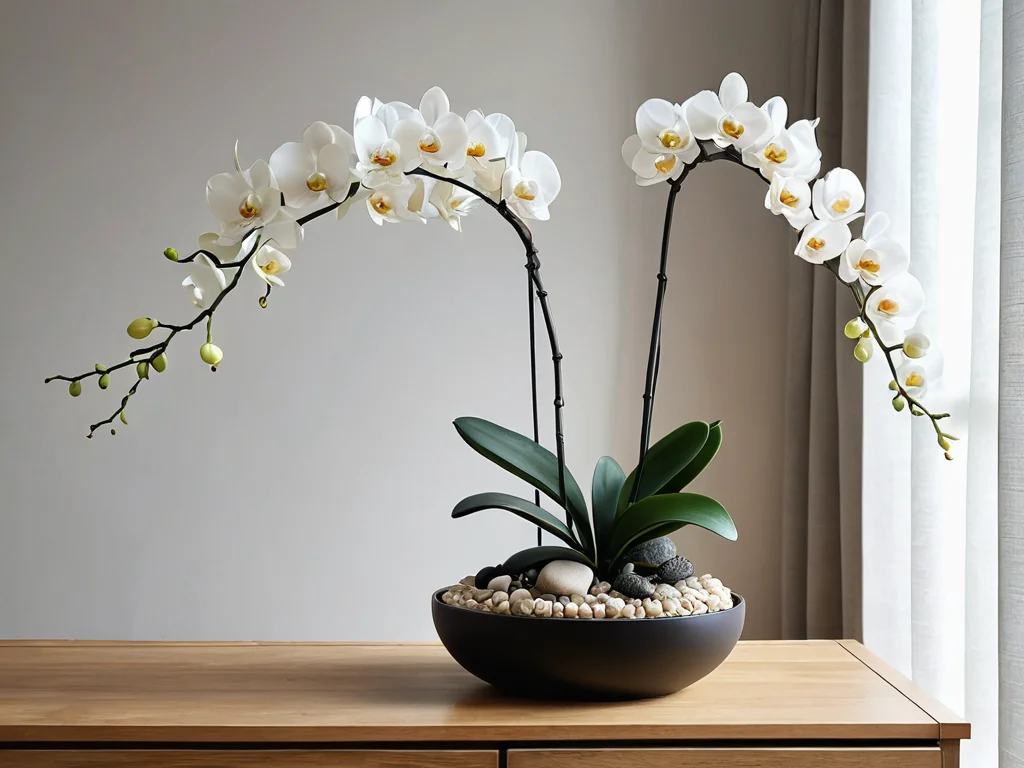 Элегантная композиция из высококачественных искусственных орхидей в стерильном, хорошо освещенном интерьере, демонстрирующая редкие случаи, когда использование неживых цветов допустимо по феншуй, например, в местах без достаточного света для живых растений.